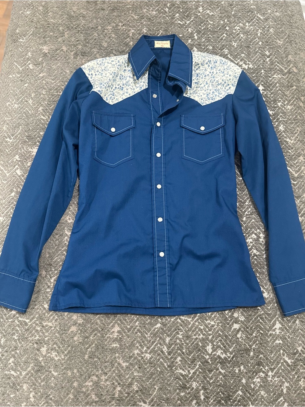Vintage Lenn Blue Western Shirt Floral Yoke Pearl Snap Rockabilly Approx S